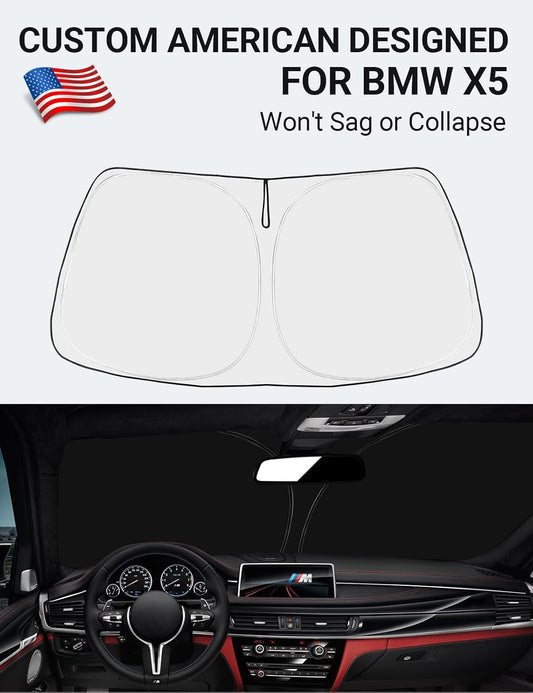 Custom American designed 2014-2018 BMW X5 windshield sunshade, will not sag or collapse