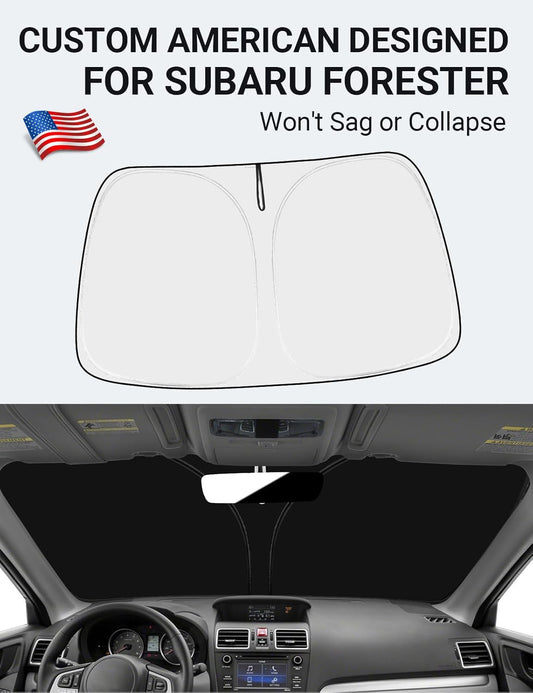 Custom American designed 2015-2018 Subaru Forester windshield sunshade, will not sag or collapse