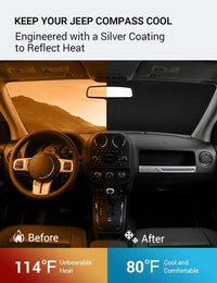 2007-2017 Jeep Compass windshield sun shade keeps car interior cool, before and after comparison