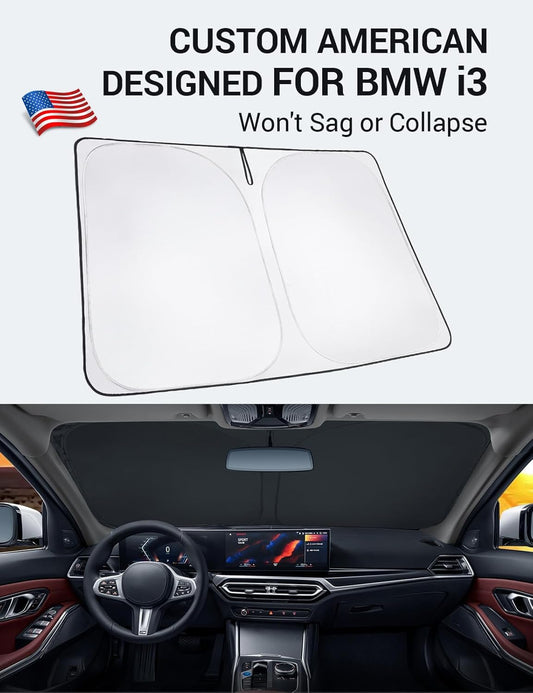 Custom American designed 2014-2022 BMW i3 windshield sunshade, will not sag or collapse