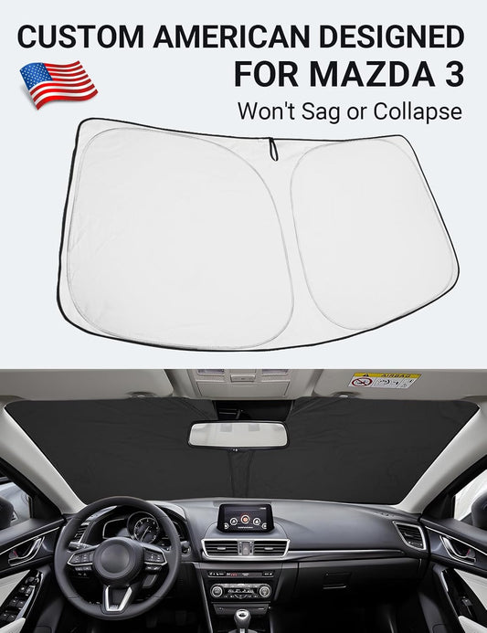 Custom American designed 2014-2018 Mazda 3 windshield sunshade, will not sag or collapse