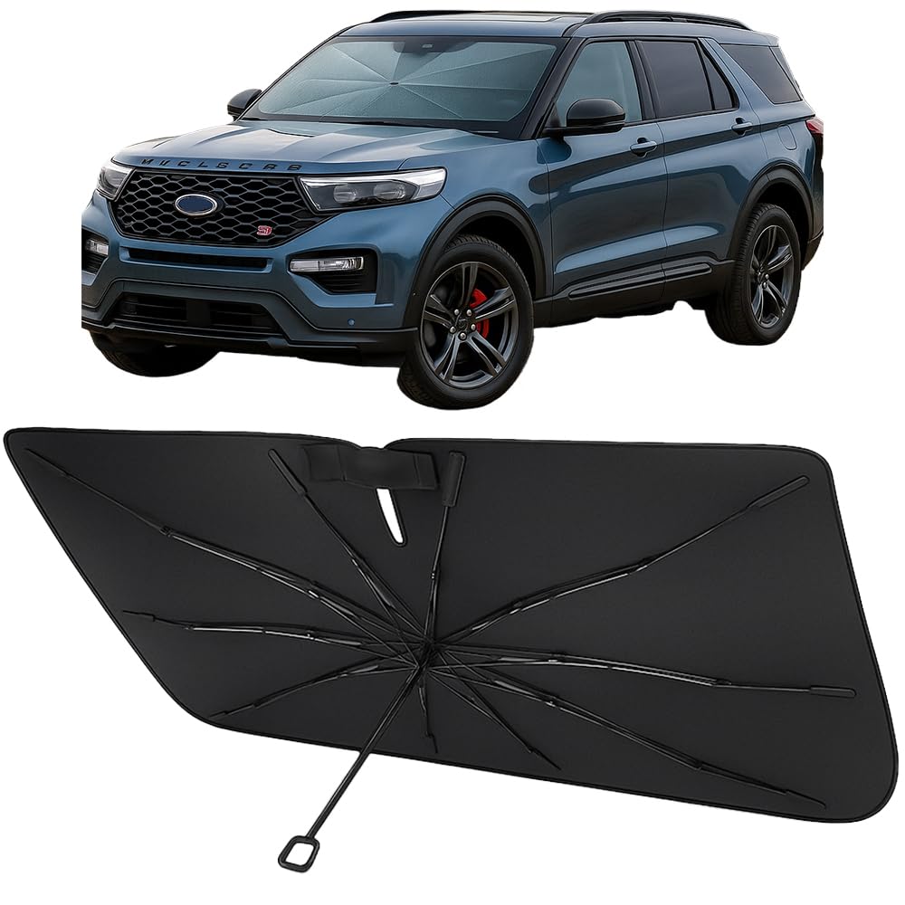 Proadsy Windshield Sun Shade Umbrella for Ford Explorer 2020-2025 2026 Foldable Car Umbrella Sunshade with Soft TPU Handle Spring Structure Crystal Cooling Material Protect Car from Rays & Heat