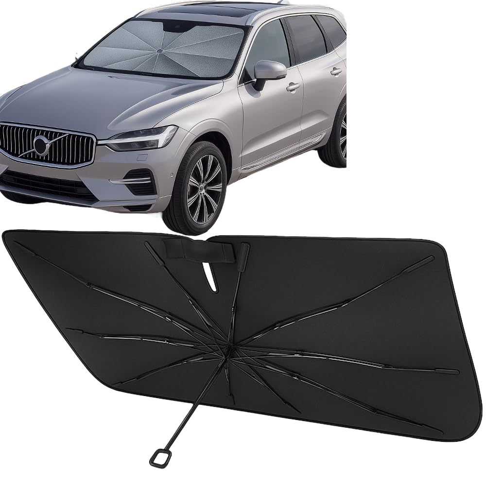 Proadsy Windshield Sun Shade Umbrella for Volvo XC60 2018-2025 2026 Foldable Car Umbrella Sunshade with Soft TPU Handle Spring Structure Crystal Cooling Material Protect Car from Rays & Heat