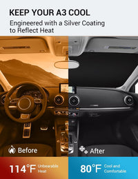 2014-2020 Audi A3 windshield sun shade keeps car interior cool, before and after comparison