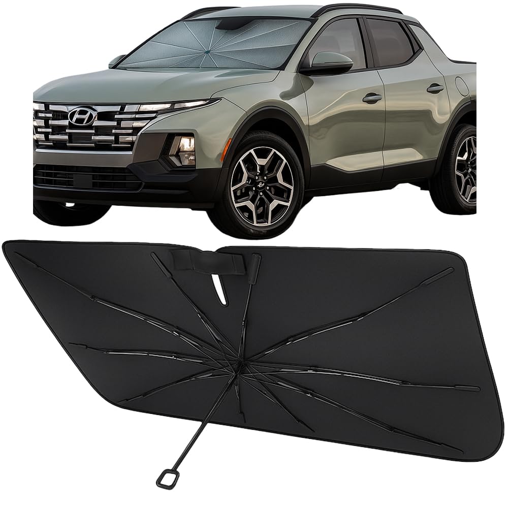 Proadsy Windshield Sun Shade Umbrella for Hyundai Santa Cruz 2022-2025 2026 Foldable Car Umbrella Sunshade with Soft TPU Handle Spring Structure Crystal Cooling Material Protect Car from Rays & Heat