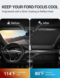 2012-2018 Ford Focus S windshield sun shade keeps car interior cool, before and after comparison