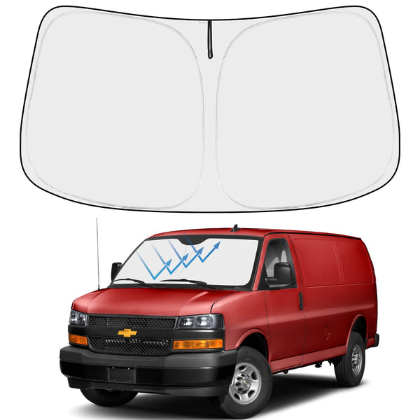 Proadsy 2025 Upgrade Windshield Sun Shade Custom Fit 1996-2025 Chevrolet Express Cargo Van, 1500, 3500, 4500 4-Layer Foldable Front Sunshade Protector Sun Visor Blocker Keep Car Cooler Accessories