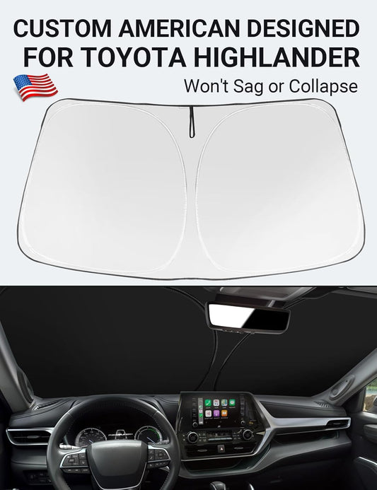 Custom American designed 2020-2026 Toyota Highlander windshield sunshade, will not sag or collapse
