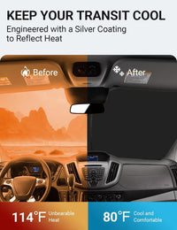 2015-2026 Ford Transit windshield sun shade keeps car interior cool, before and after comparison