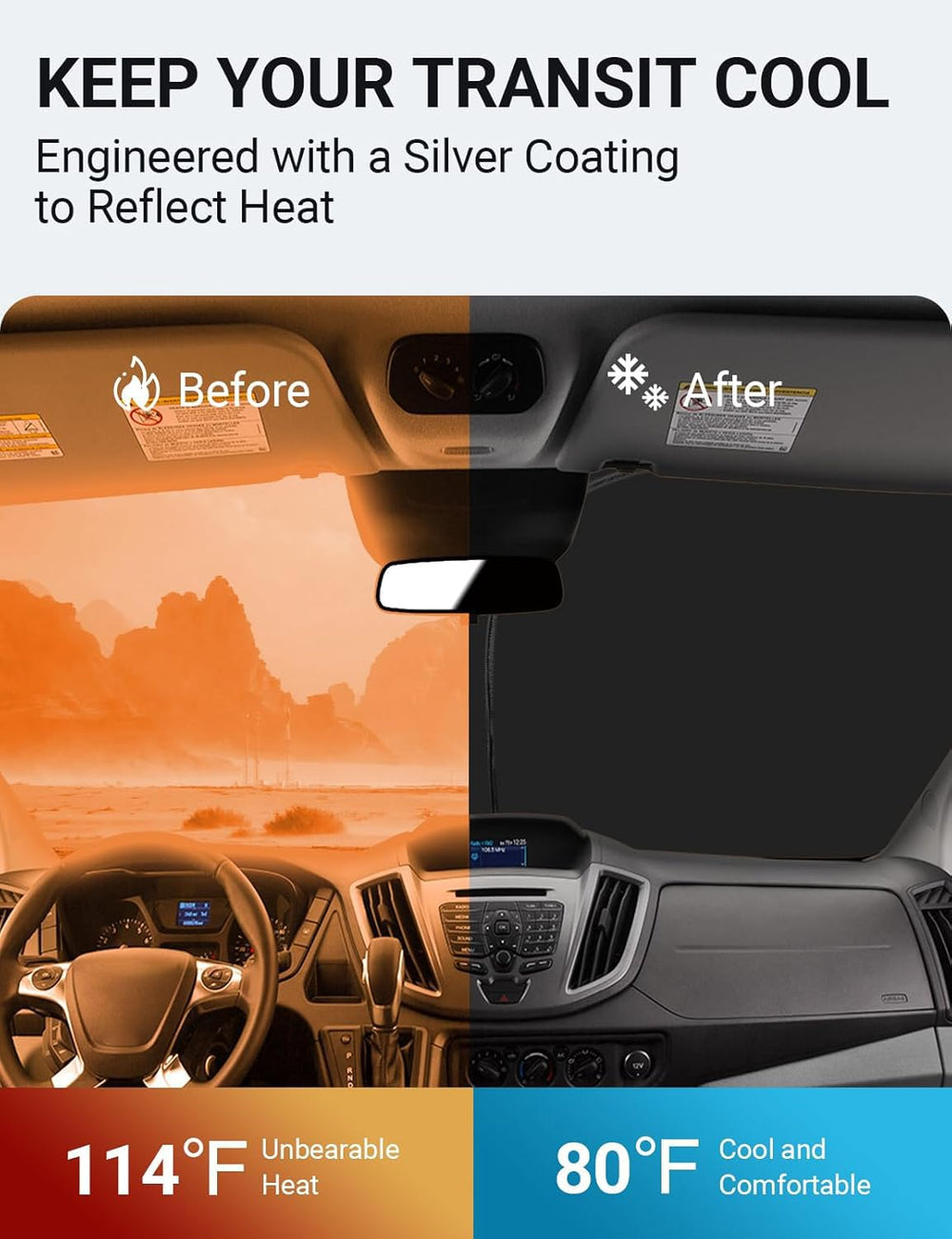 Proadsy Windshield Sun Shade for 2015-2025 2026 Ford Transit 4-Layer Foldable Front Sunshade Protector Sun Visor Blocks UV Rays Keep Car Cooler