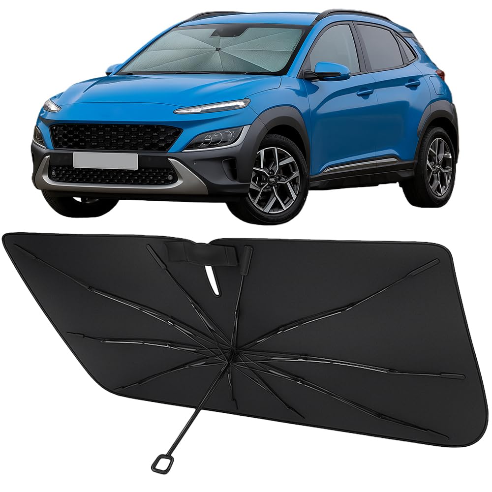 Proadsy Windshield Sun Shade Umbrella for Hyundai Kona 2018-2023 Foldable Car Umbrella Sunshade with Soft TPU Handle Spring Structure Crystal Cooling Material Protect Car from Rays & Heat