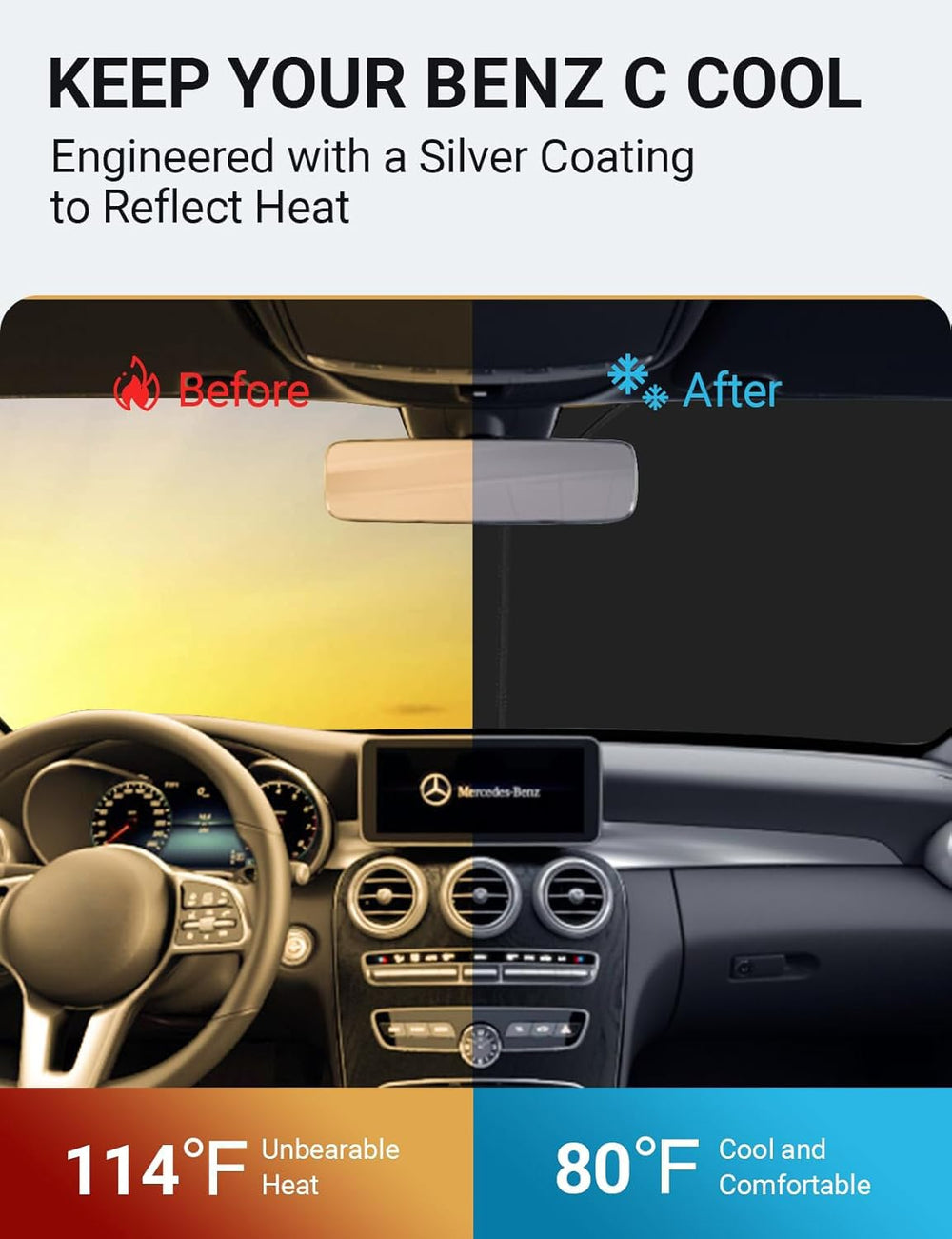 Proadsy 2025 Upgrade Windshield Sun Shade Custom Fit Mercedes Benz C Class 2015-2021 4-Layer Foldable Front Sunshade Protector Sun Visor Blocks UV Rays Keep Car Cooler Accessories