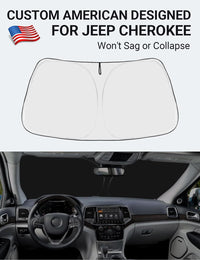 Custom American designed 2014-2023 Jeep Cherokee windshield sunshade, will not sag or collapse