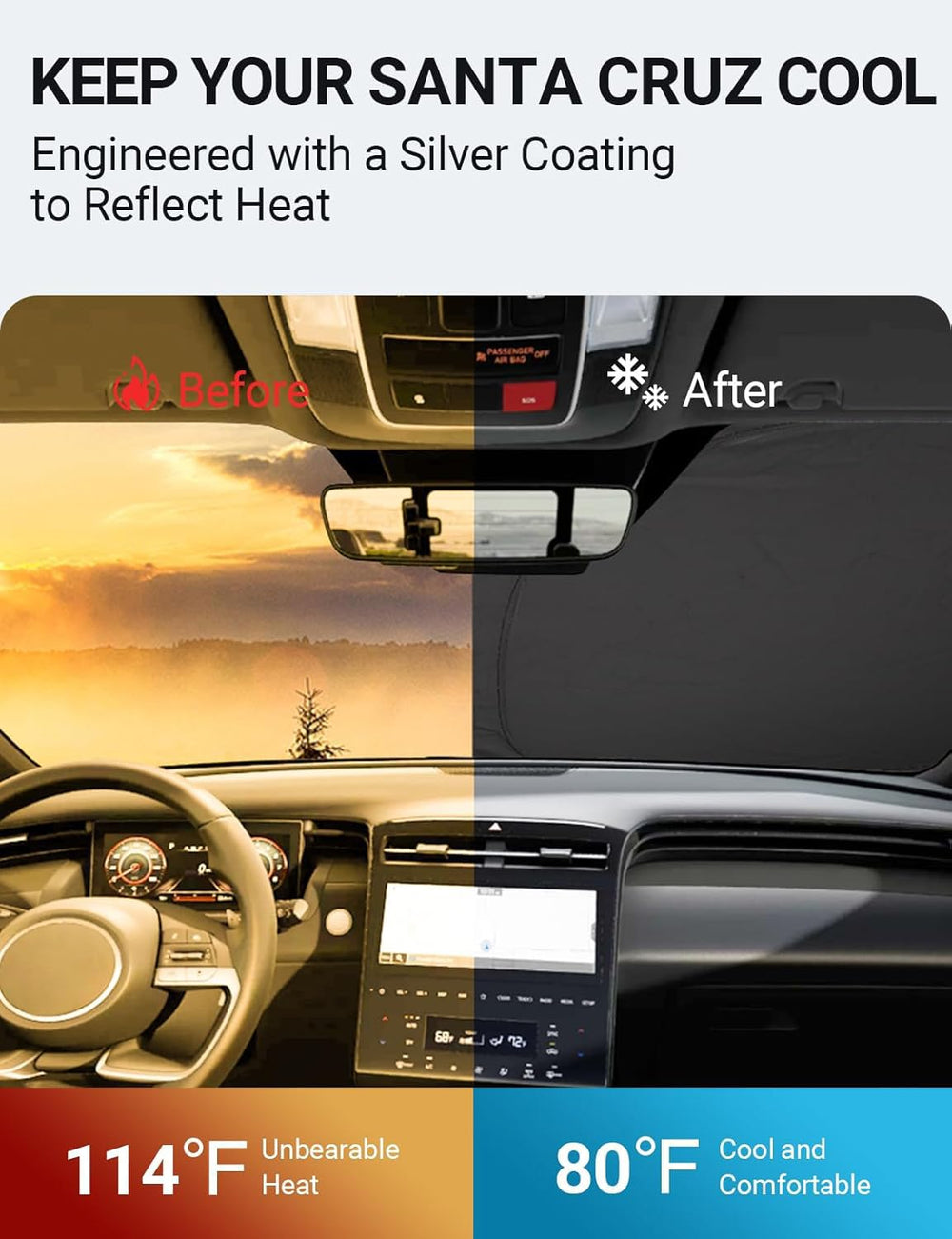 Proadsy 2025 Upgrade Windshield Sun Shade Custom Fit Hyundai Santa Cruz 2022-2024 2025 4-Layer Foldable Front Sunshade Protector Sun Visor Blocks UV Rays Keep Car Cooler