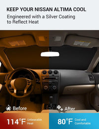 2007-2012 Nissan Altima windshield sun shade keeps car interior cool, before and after comparison