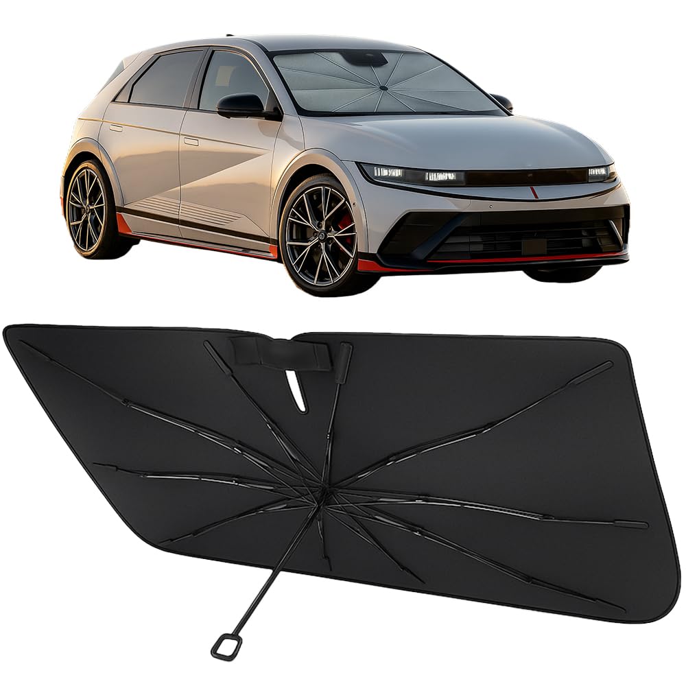 Proadsy Windshield Sun Shade Umbrella for Hyundai Ioniq 5 2022-2025 2026 Foldable Car Umbrella Sunshade with Soft TPU Handle Spring Structure Crystal Cooling Material Protect Car from Rays & Heat