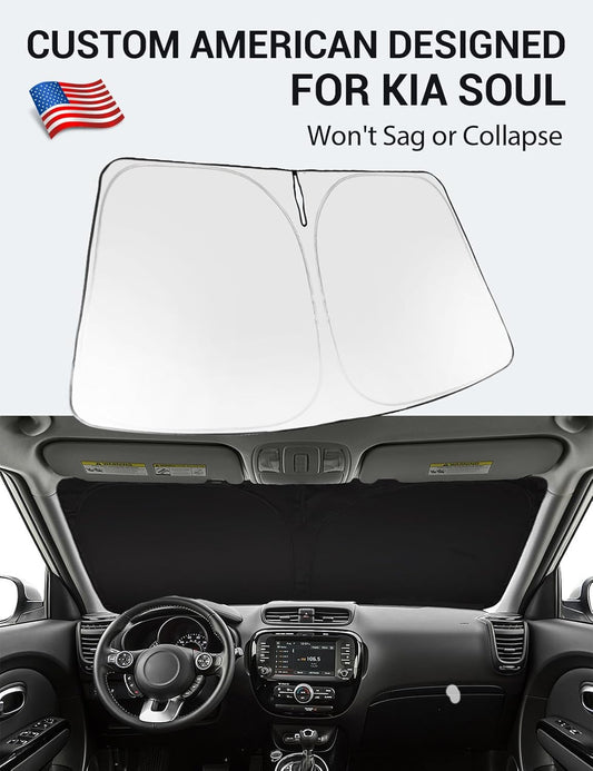 Custom American designed 2014-2019 Kia Soul windshield sunshade, will not sag or collapse