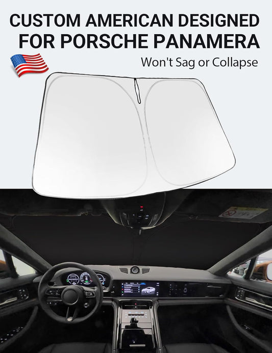 Custom American designed 2017-2026 Porsche Panamera windshield sunshade, will not sag or collapse