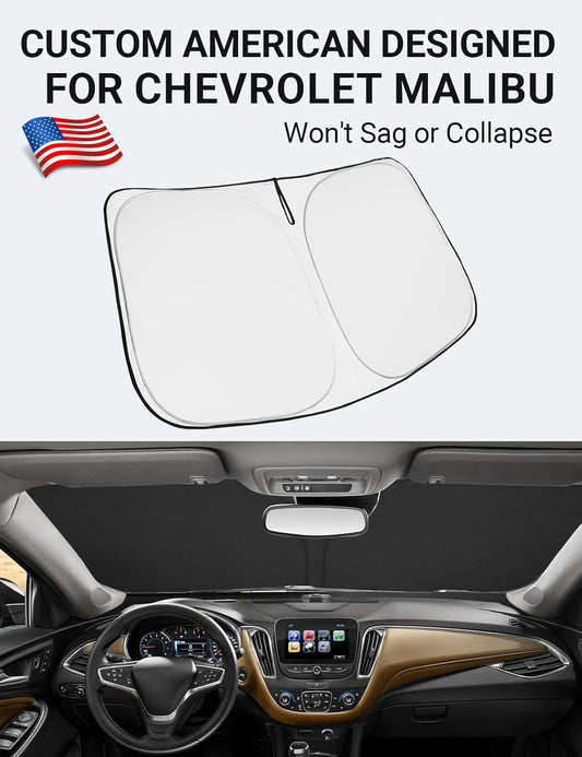 Custom American designed 2016-2025 Chevrolet Malibu windshield sunshade, will not sag or collapse