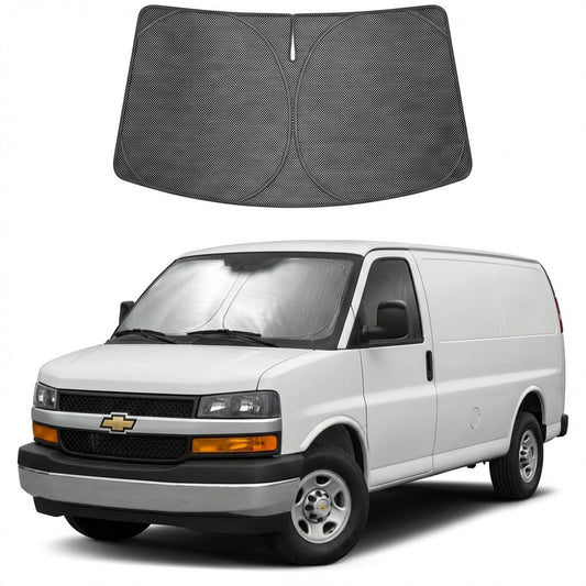 Proadsy Windshield Sun Shade Custom Fit Chevrolet Express 1996-2026 Ice Crystal Black Front Window Sunshade UV and Heat Blocker Foldable Visor Keeps Car Cooler for Summer Parking and Daily Use