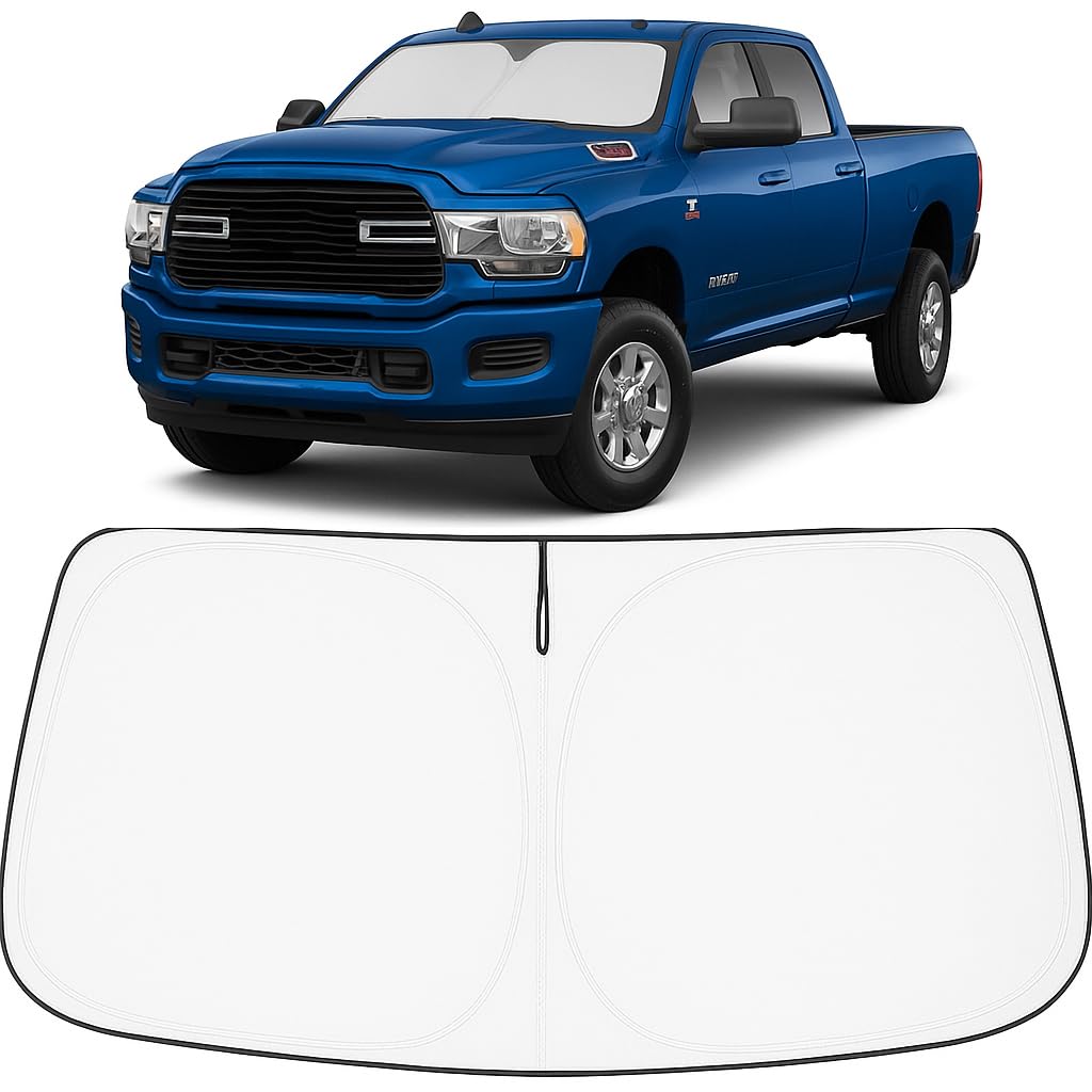 Proadsy 2025 Upgrade Windshield Sun Shade Custom Fit Dodge RAM 2500 3500 2010-2024 2025 4-Layer Foldable Front Sunshade Protector Sun Visor Blocks UV Rays Keep Car Cooler