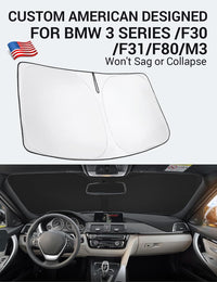 Custom American designed 2013-2018 BMW 3 Series windshield sunshade, will not sag or collapse