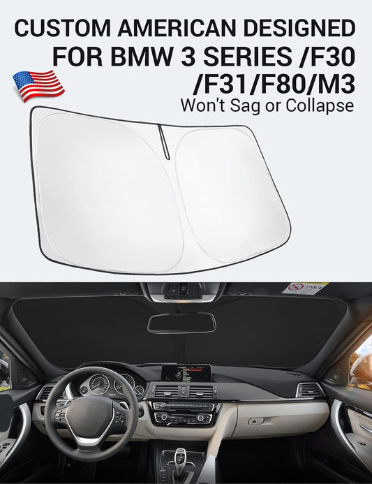 Custom American designed 2013-2018 BMW 3 Series windshield sunshade, will not sag or collapse
