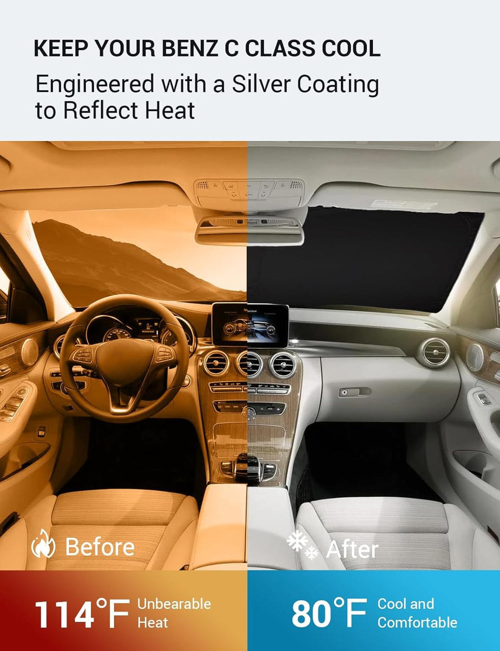 Proadsy 2025 Upgrade Windshield Sun Shade Custom Fit 2008-2014 Benz C Class Foldable Front Sunshade Protector Sun Visor Blocks UV Rays Keep Car Cooler