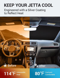 2011-2018 Volkswagen Jetta windshield sun shade keeps car interior cool, before and after comparison