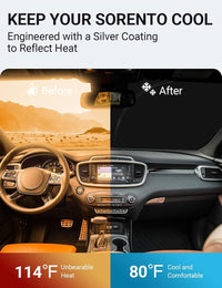 2016-2020 Kia Sorento windshield sun shade keeps car interior cool, before and after comparison