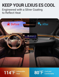 2019-2025 Lexus ES windshield sun shade keeps car interior cool, before and after comparison