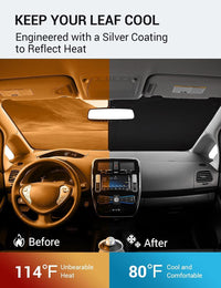 2011-2017 Nissan Leaf windshield sun shade keeps car interior cool, before and after comparison