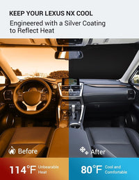 2015-2021 Lexus NX windshield sun shade keeps car interior cool, before and after comparison