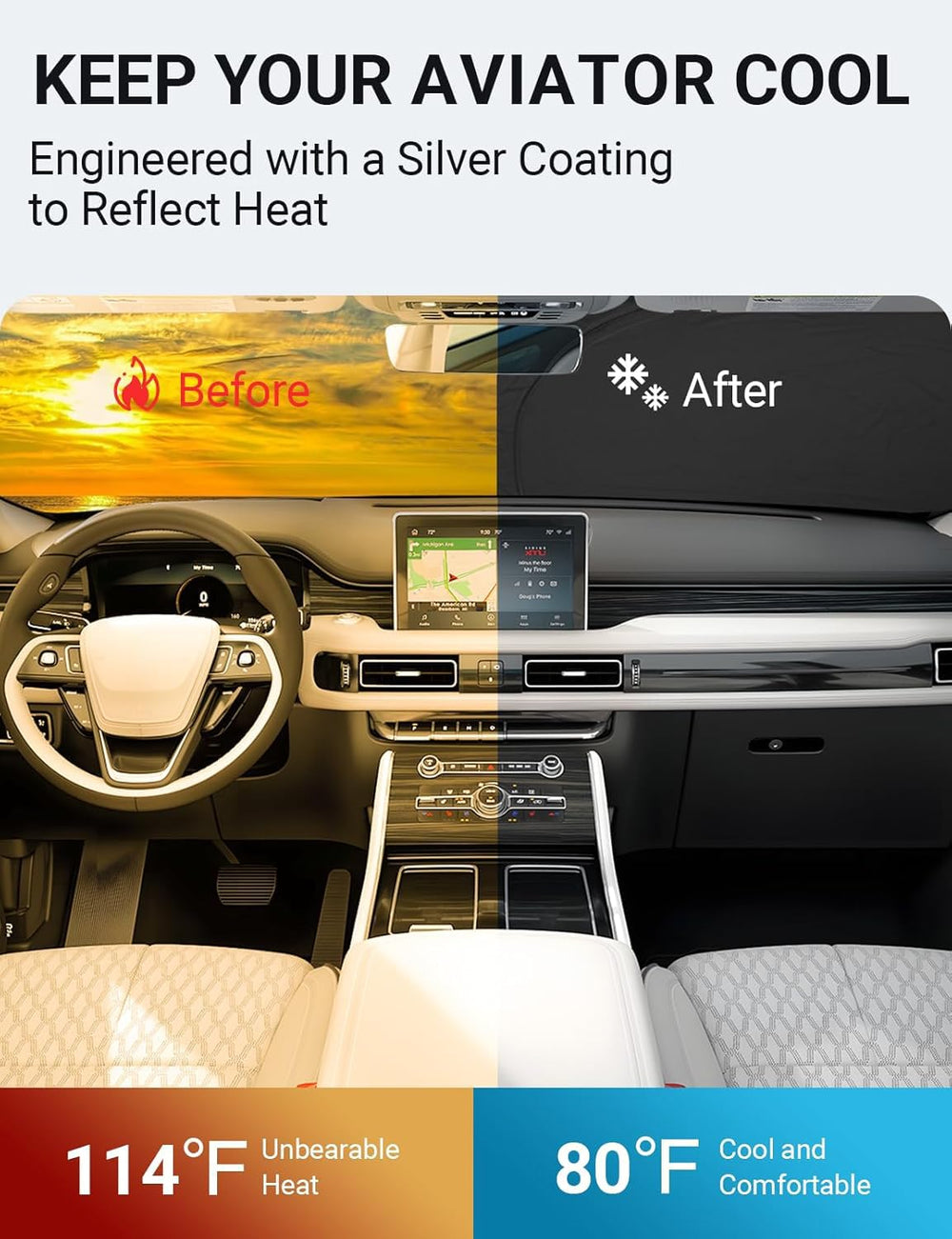 Proadsy Windshield Sun Shade for Lincoln Aviator 2020-2025 2026 4-Layer Foldable Front Sunshade Protector Sun Visor Blocks UV Rays Keep Car Cooler