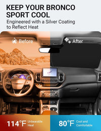 2021-2026 Ford Bronco Sport windshield sun shade keeps car interior cool, before and after comparison