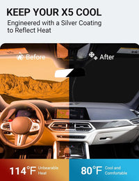 2019-2026 BMW X5 windshield sun shade keeps car interior cool, before and after comparison
