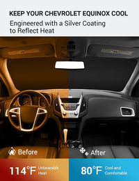 2010-2017 Chevrolet Equinox windshield sun shade keeps car interior cool, before and after comparison