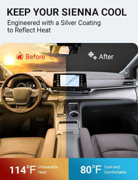 2021-2026 Toyota Sienna windshield sun shade keeps car interior cool, before and after comparison