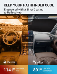 2022-2026 Nissan Pathfinder windshield sun shade keeps car interior cool, before and after comparison