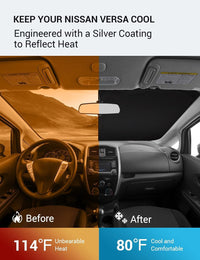 2012-2018 Nissan Versa windshield sun shade keeps car interior cool, before and after comparison