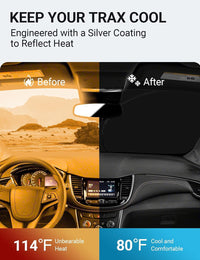 2013-2023 Chevrolet Trax windshield sun shade keeps car interior cool, before and after comparison