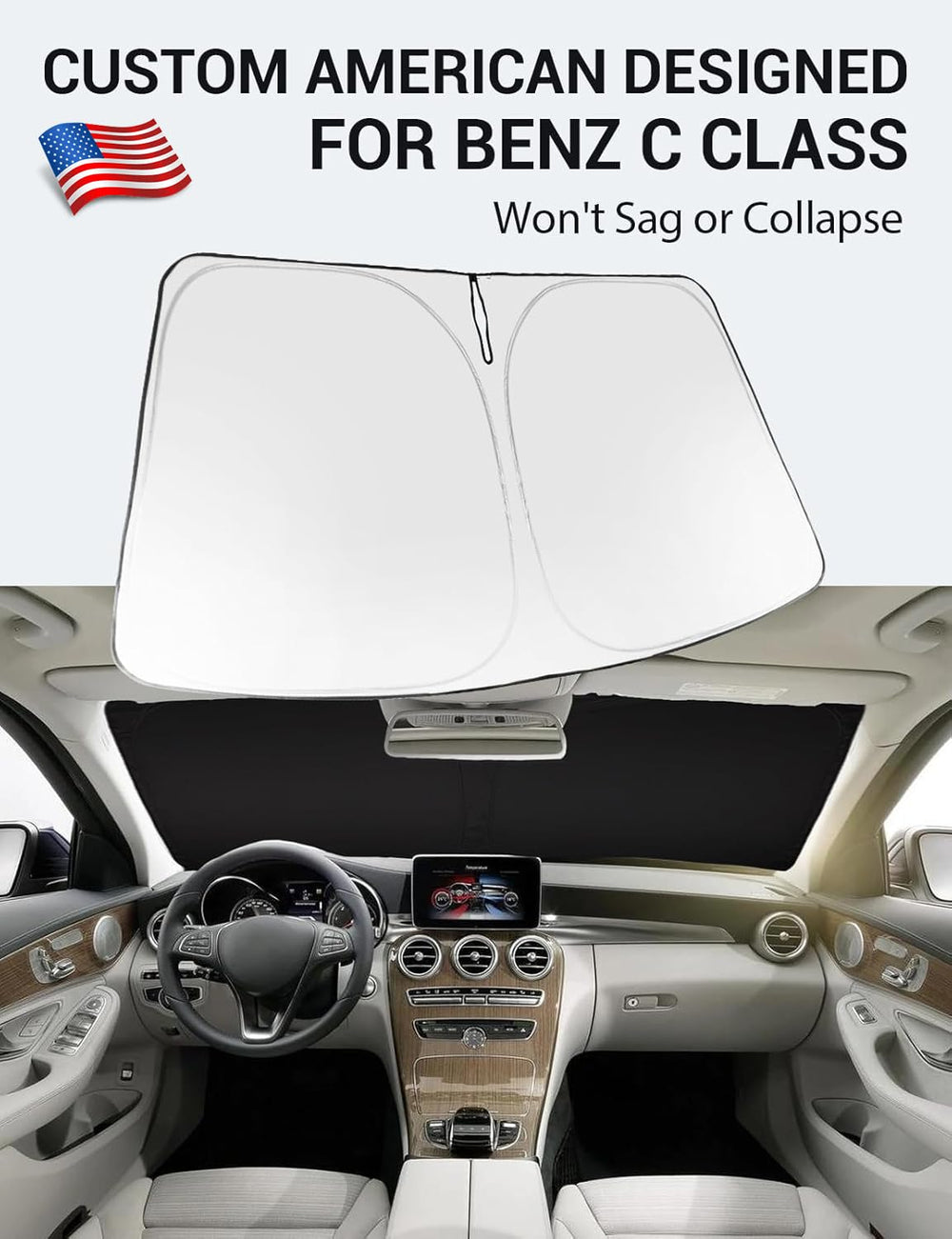 Proadsy 2025 Upgrade Windshield Sun Shade Custom Fit 2008-2014 Benz C Class Foldable Front Sunshade Protector Sun Visor Blocks UV Rays Keep Car Cooler