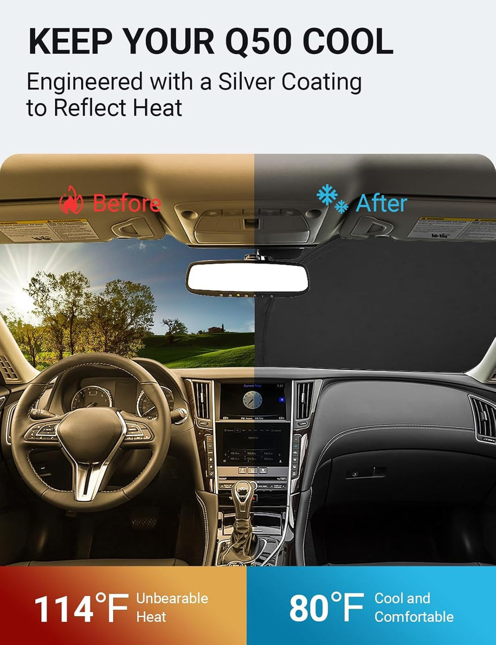 Proadsy 2025 Upgrade Windshield Sun Shade Custom Fit Infiniti Q50 2014-2025 4-Layer Foldable Front Sunshade Protector Sun Visor Blocks UV Rays Keep Car Cooler