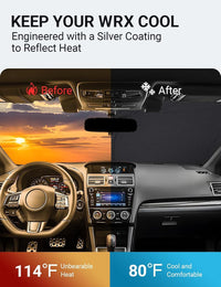 2015-2021 Subaru WRX windshield sun shade keeps car interior cool, before and after comparison