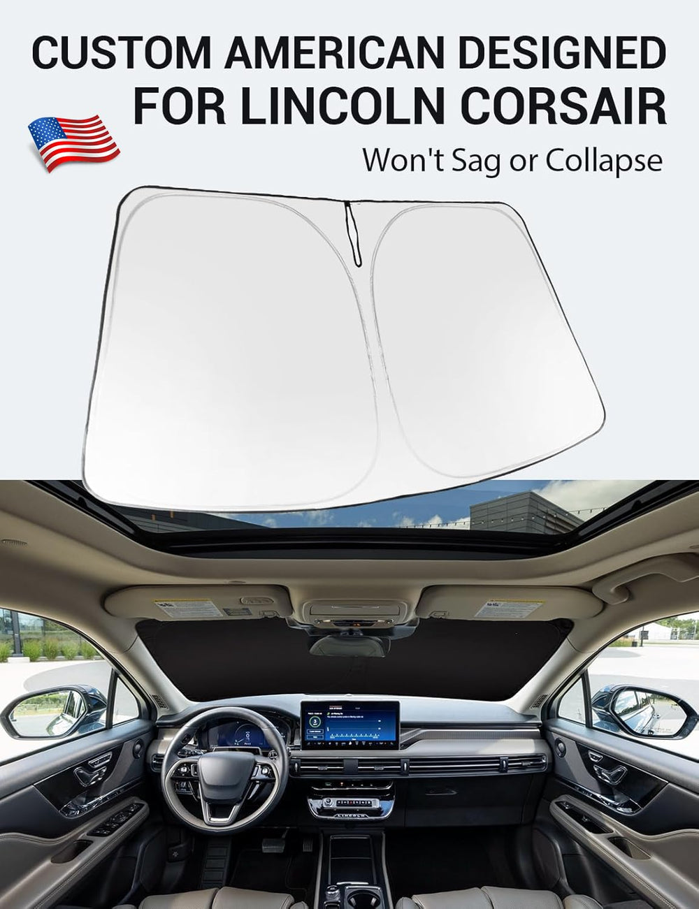 Proadsy 2025 Upgrade Windshield Sun Shade Custom Fit 2020–2023 2025 Lincoln Corsair Foldable Front Sunshade Protector Sun Visor Blocks UV Rays Keep Car Cooler