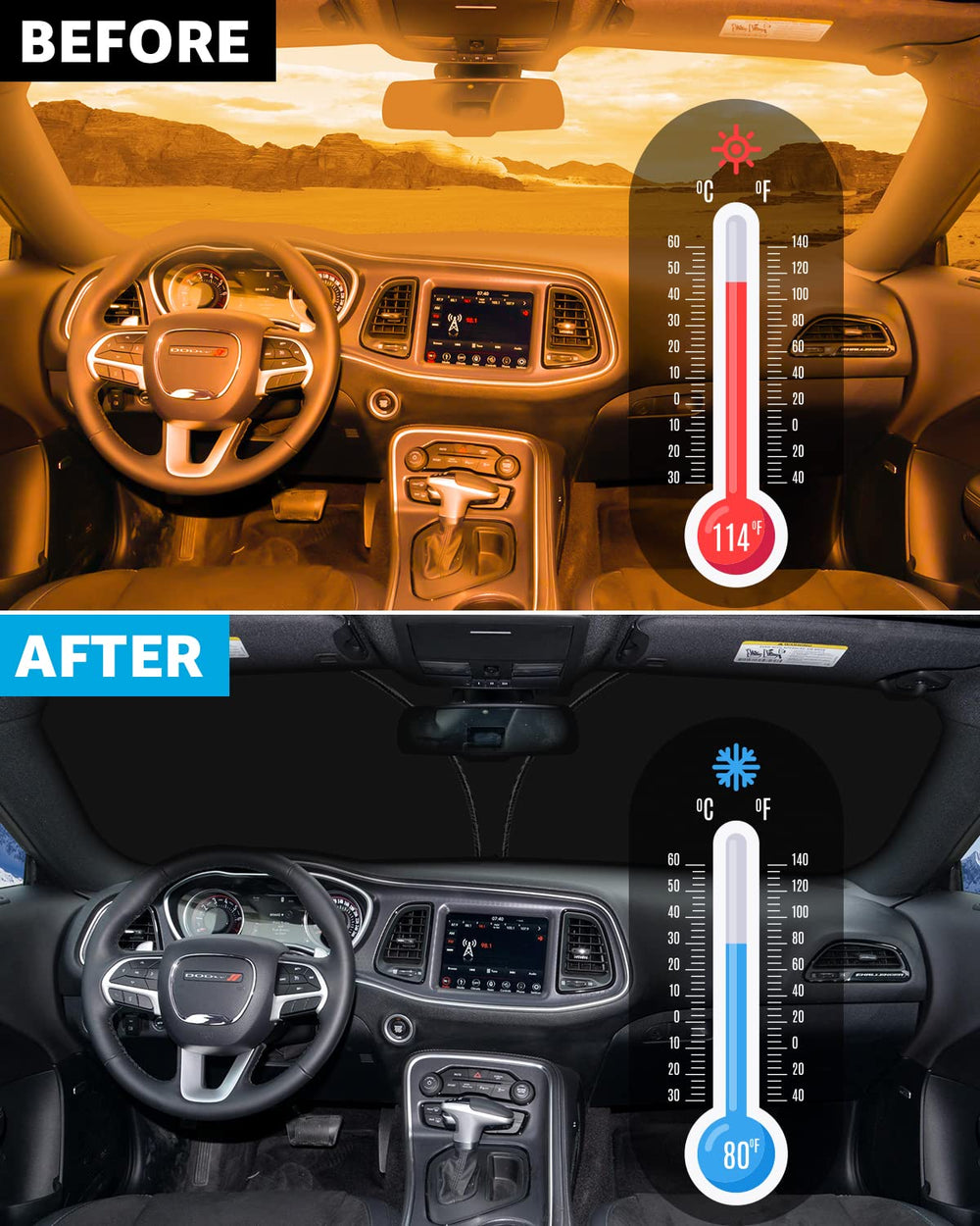 Proadsy 2024 Upgrade Windshield Sunshade Custom for Dodge Challenger SRT 2023 2022 2021 2020 2019 2018 2017 2016 2015 Reflective Heat Sun UV Protector Foldable Front Window Shade Accessories