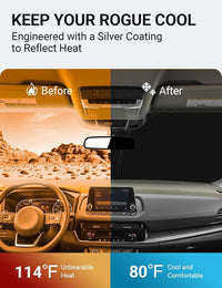 2021-2025 Nissan Rogue windshield sun shade keeps car interior cool, before and after comparison