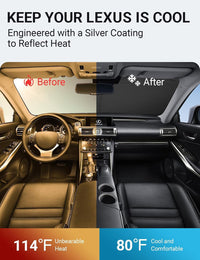 2014-2020 Lexus IS windshield sun shade keeps car interior cool, before and after comparison