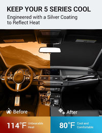 2011-2016 BMW 5 Series windshield sun shade keeps car interior cool, before and after comparison