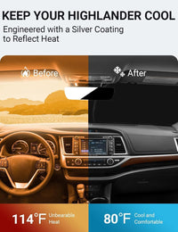 2014-2019 Toyota Highlander windshield sun shade keeps car interior cool, before and after comparison